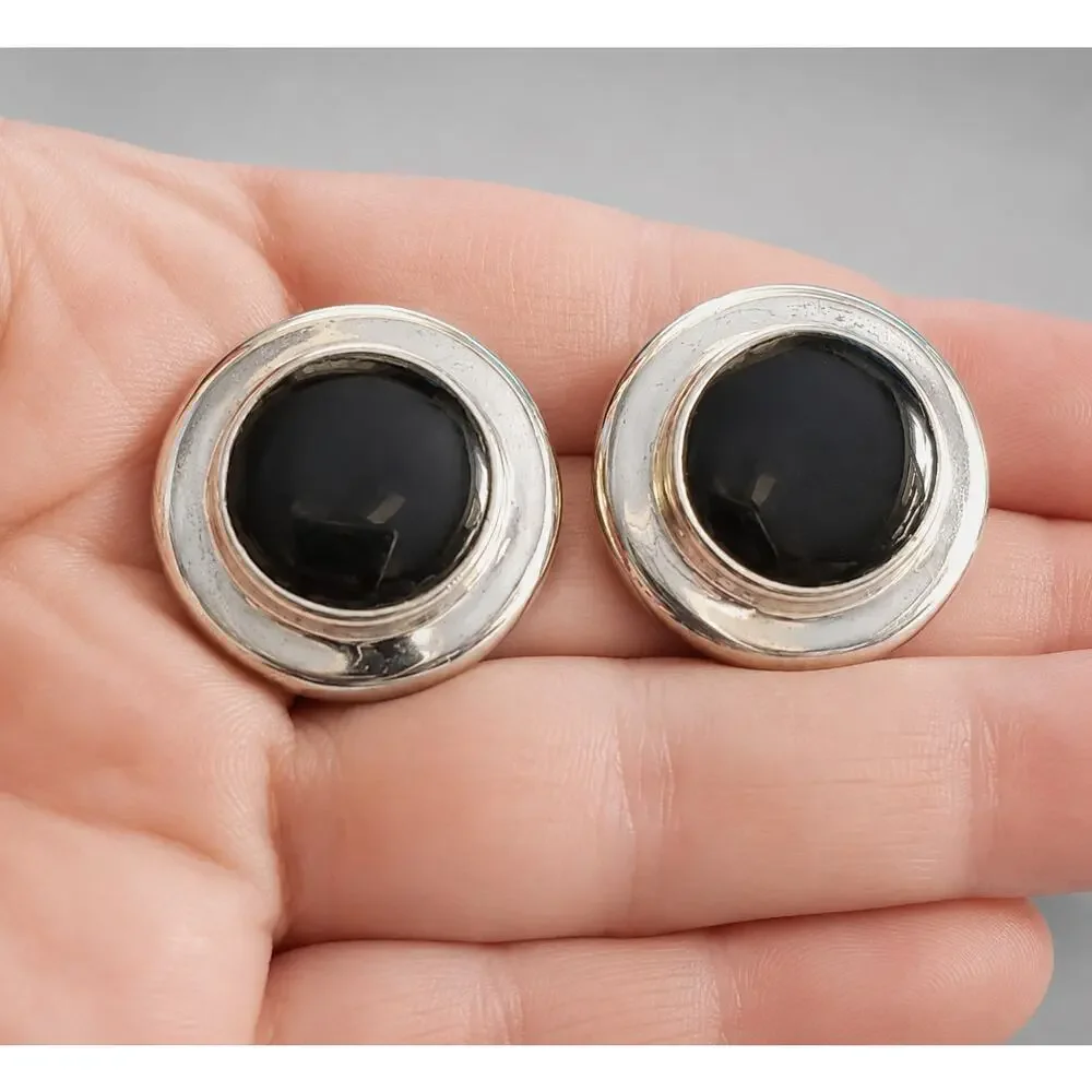 Vintage Silver‎ & Black Round Pierced Earrings, 1